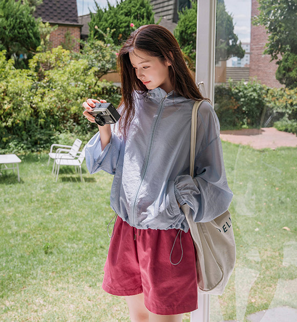 Roll Me Sheer Neck Drawstring Windbreaker