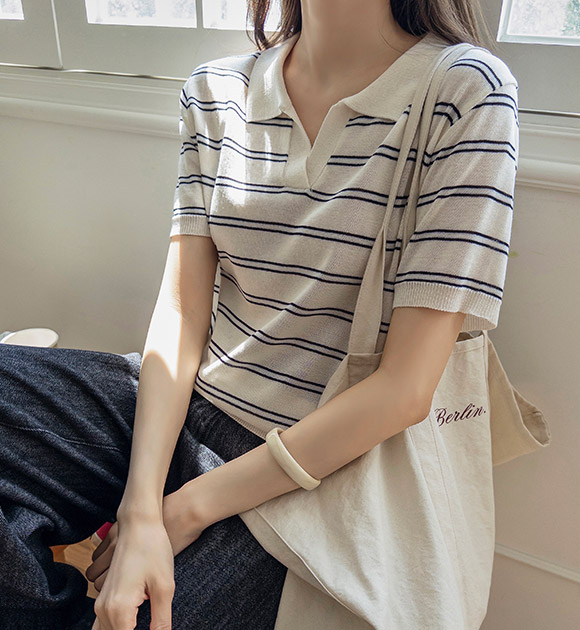 [👕Don't Hesitate/Perfect for Summer] Edin Slit Collar Striped Linen Knit