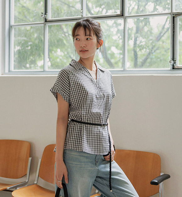Seren Checkered Collar Blouse (Belt Set)