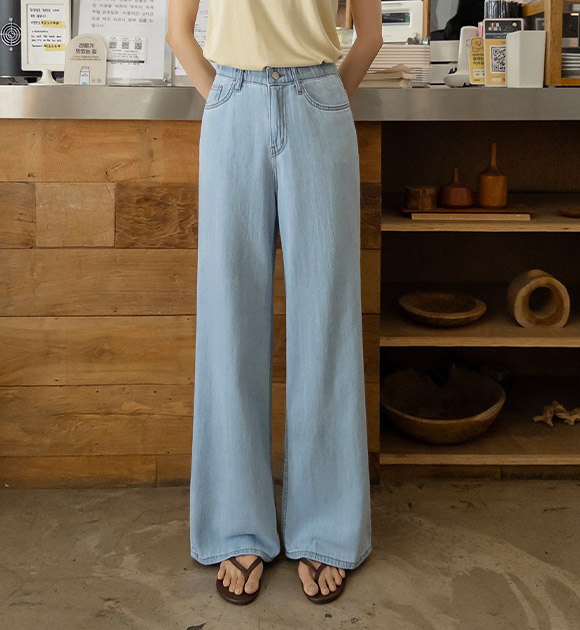 Slim Slub Hidden-Banding Lightweight Wide-Leg Jeans
