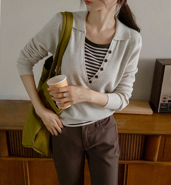 Koche Striped Button Collared Knitwear