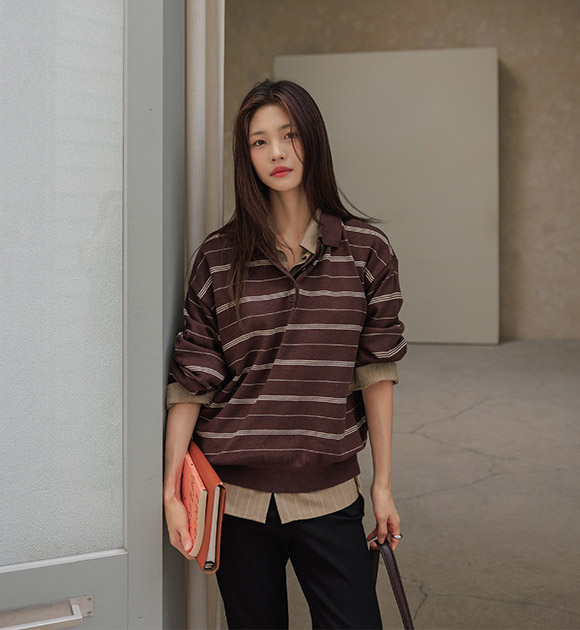 Pomel Stripe Half-Open Collar Knitwear