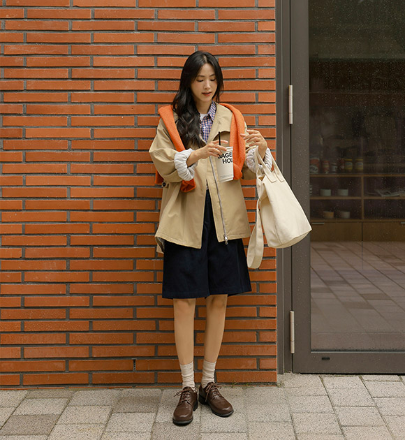 French Button-Detail Half Trench Coat