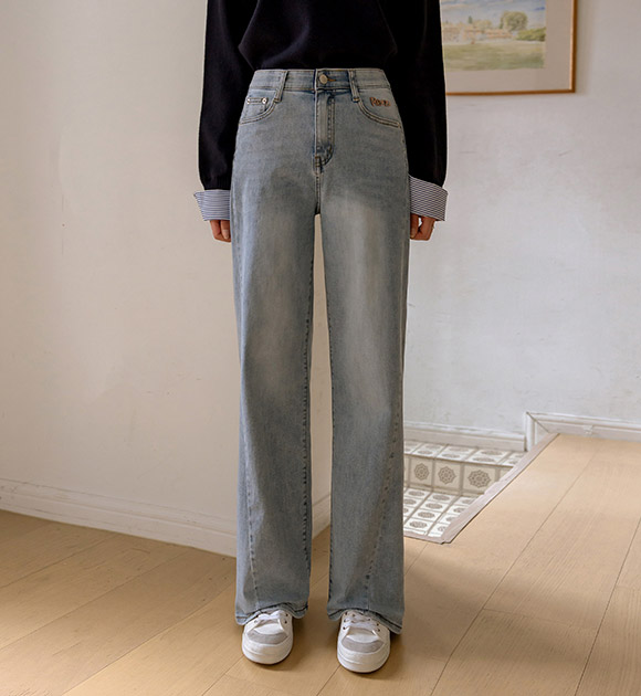 [REEZE] Diagonal cut hidden banding wide jeans