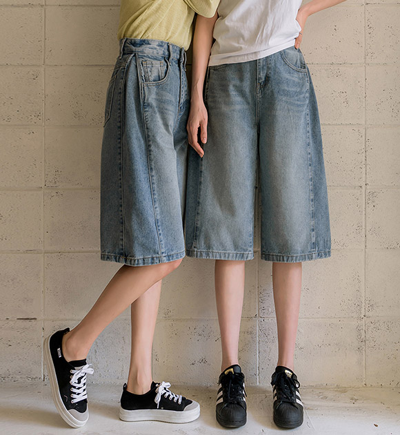 Side pin tuck Bermuda denim pants (short/long)