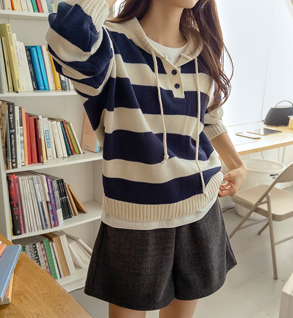 Button-Up Hooded Striped Knitwear