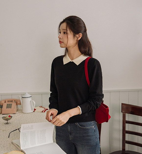 [👔 Easy Workwear / No Outfit Stress][JUST BETTER]Lien Wool Contrast-Collar Knitwear
