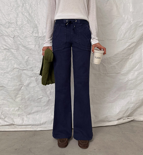 Figure-Flattering Elastic-Waist Cotton Bootcut Pants (Basic/Long)