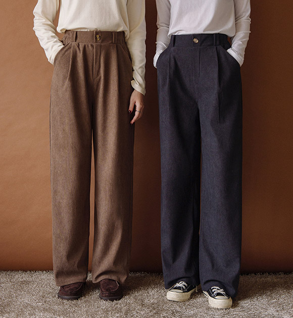 Relaxed-Fit Pleated Corduroy Pants with Elastic Back Waist
