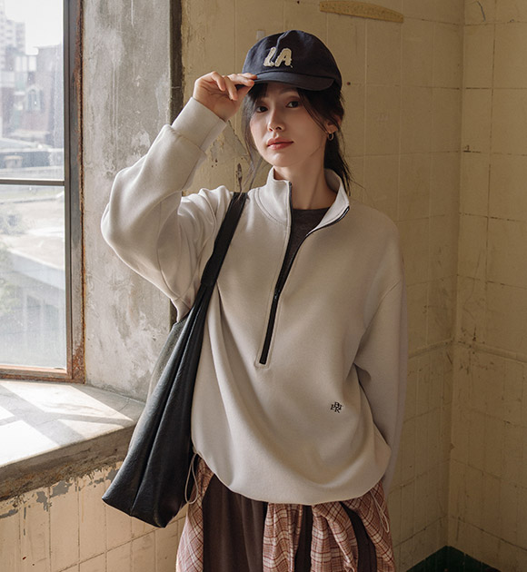 [✨Soft & Stretchy Texture / Effortless Essential] [JUST BETTER] Soft Fleece-Lined Half-Zip Sweatshirt