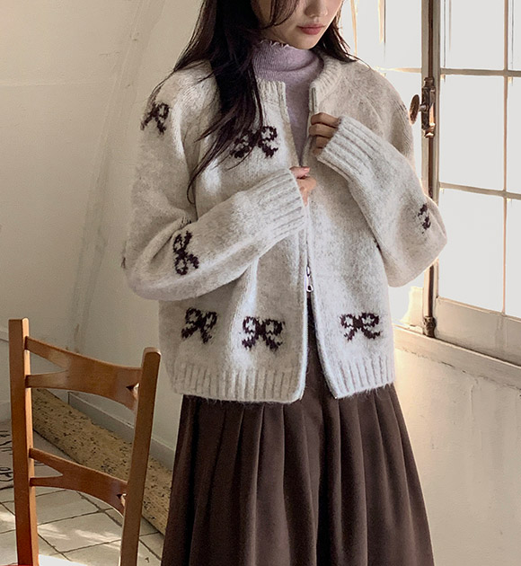 Ribbon two-way knit zip-up
