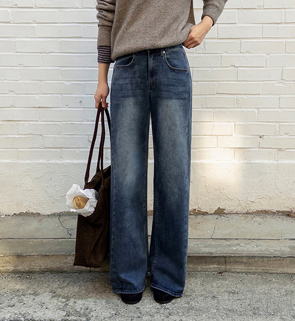 Cover Fit Double Brushed Diagonal Cut Wide Jeans (Short/Basic/Long)
